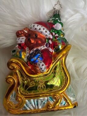 Glass Santa in Gold Sleigh Christmas Ornament - Green, Red, Gold